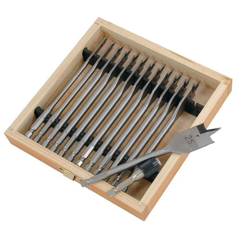 14pc Wood Drill Bit Set Spade Flat Hex Shank 6-25mm 150mm Case & Quick Adaptor - tooltime.co.uk