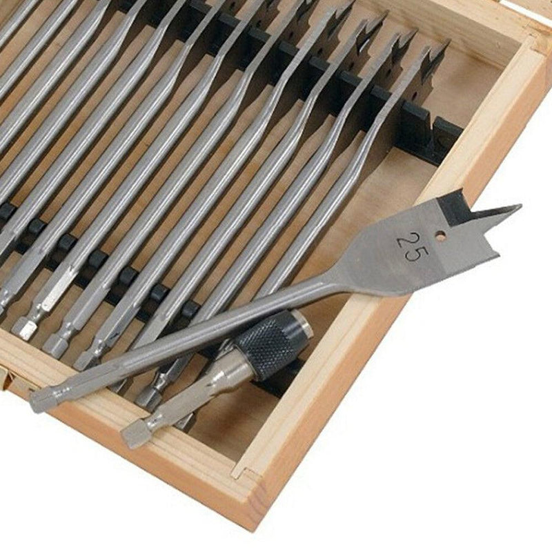 14pc Wood Drill Bit Set Spade Flat Hex Shank 6-25mm 150mm Case & Quick Adaptor - tooltime.co.uk