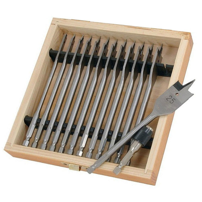 14pc Wood Drill Bit Set Spade Flat Hex Shank 6-25mm 150mm Case & Quick Adaptor - tooltime.co.uk