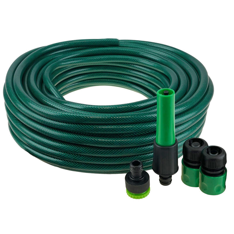 30m Garden Hose Spray Gun Nozzle + Fittings Set 100ft Reinforced 3 Ply Hosepipe - tooltime.co.uk