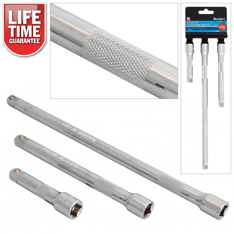 3/8" Socket Extension Bar Set CRV Chrome Vanadium Steel 3 Piece 75mm 130mm 250mm - tooltime.co.uk