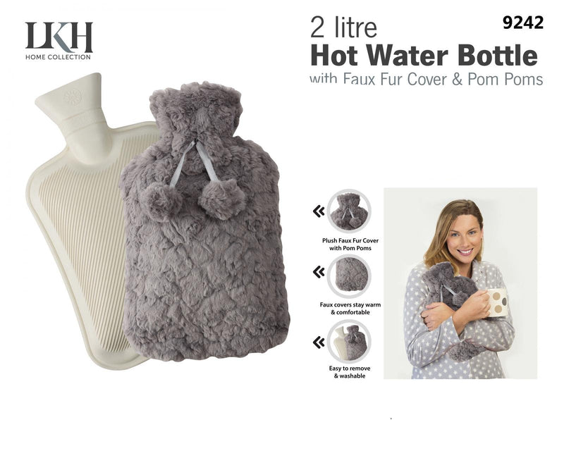 2L Hot Water Bottle With Faux Fur Cover & Pom Poms With Soft Faux Fur Cover