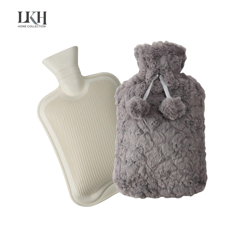 2L Hot Water Bottle With Faux Fur Cover & Pom Poms With Soft Faux Fur Cover