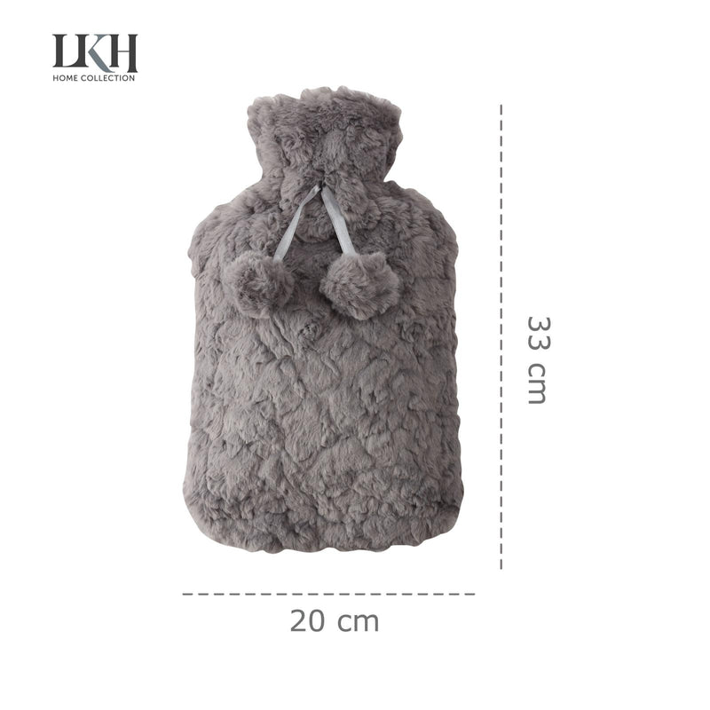 2L Hot Water Bottle With Faux Fur Cover & Pom Poms With Soft Faux Fur Cover