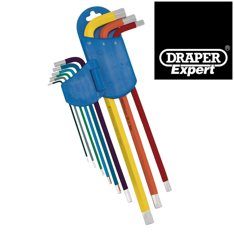 9pc Metric Hex Key Set Extra Long Arm Colour Coded Allen Keys Draper Expert 04911 - tooltime.co.uk