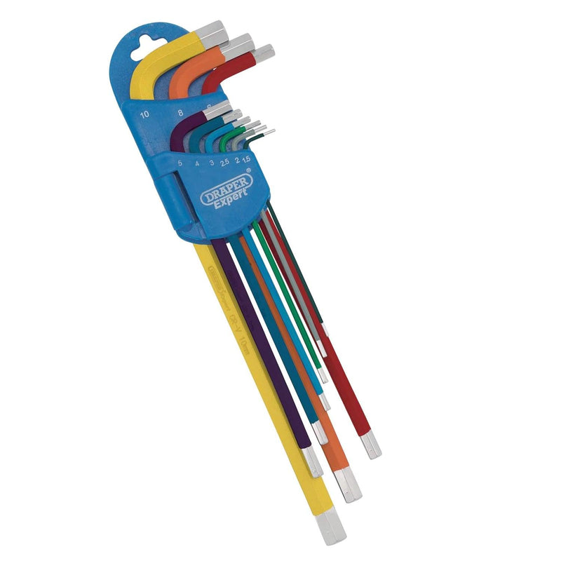 9pc Metric Hex Key Set Extra Long Arm Colour Coded Allen Keys Draper Expert 04911 - tooltime.co.uk