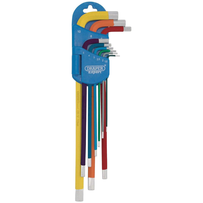 9pc Metric Hex Key Set Extra Long Arm Colour Coded Allen Keys Draper Expert 04911 - tooltime.co.uk