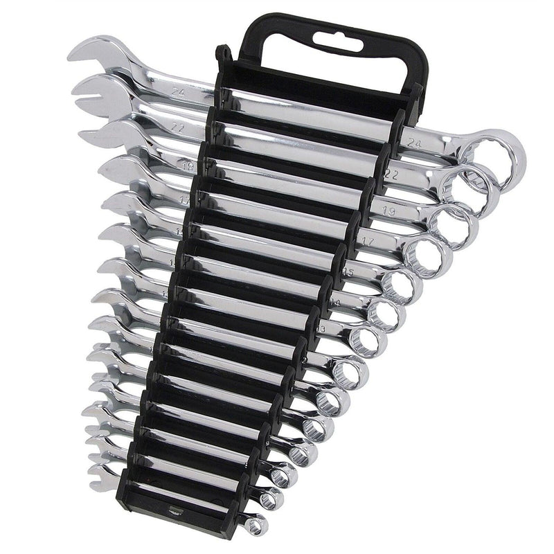 Combination Spanner Set 6-24mm Metric 14pc Open & Ring Wrenches + Storage Rack - tooltime.co.uk