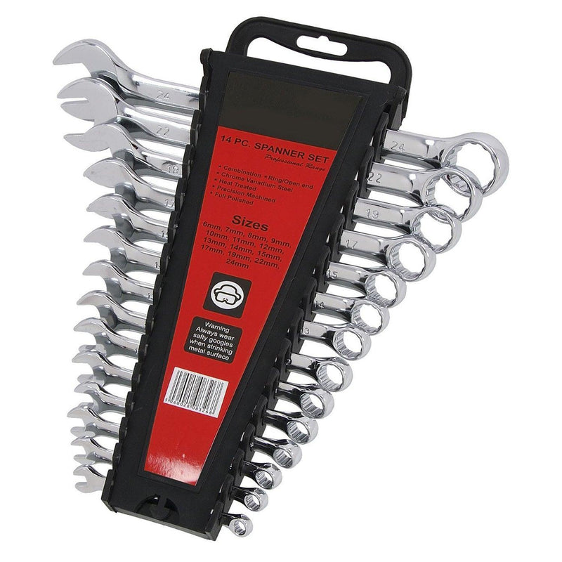 Combination Spanner Set 6-24mm Metric 14pc Open & Ring Wrenches + Storage Rack - tooltime.co.uk