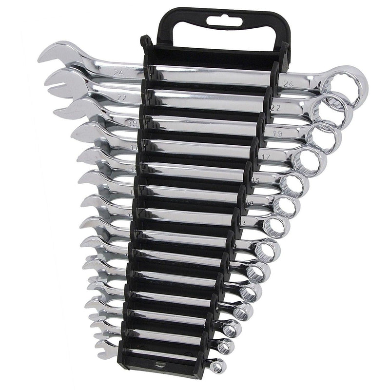 Combination Spanner Set 6-24mm Metric 14pc Open & Ring Wrenches + Storage Rack - tooltime.co.uk