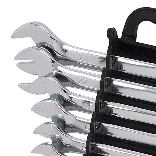 Combination Spanner Set 6-24mm Metric 14pc Open & Ring Wrenches + Storage Rack - tooltime.co.uk