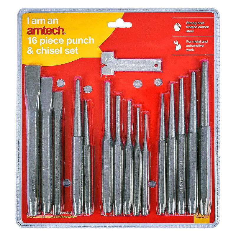 AMTECH 16PC MECHANICS CARBON STEEL PUNCH & CHISELS SET PIN TAPER CENTRE PUNCHES-tooltime.co.uk