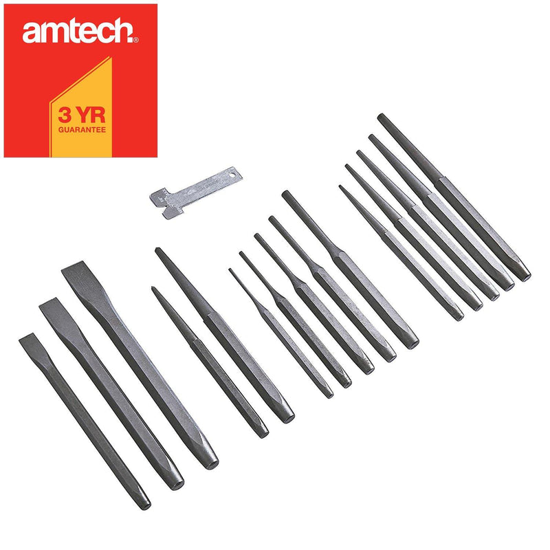 Amtech 16Pc Mechanics Carbon Steel Punch & Chisels Set Pin Taper Centre Punches