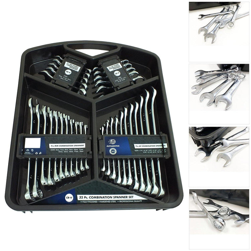 tooltime Spanners 32PC FULLY POLISHED CRV COMBINATION SPANNER STUBBY WRENCH SET METRIC & IMPERIAL