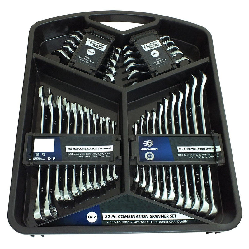 tooltime Spanners 32PC FULLY POLISHED CRV COMBINATION SPANNER STUBBY WRENCH SET METRIC & IMPERIAL